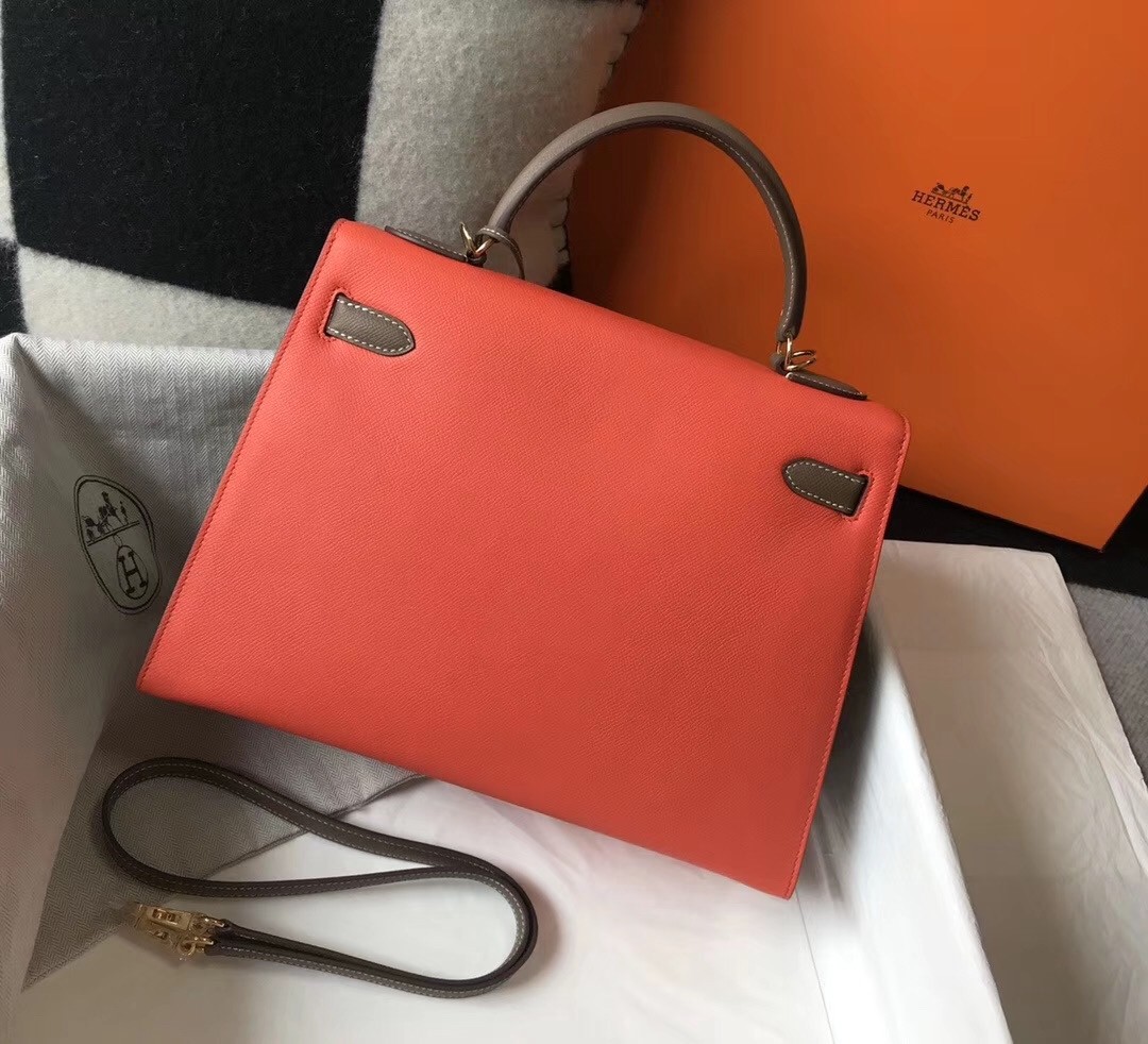 H**mes bi-color kelly 32cm epsom bag piment/taupe ghw