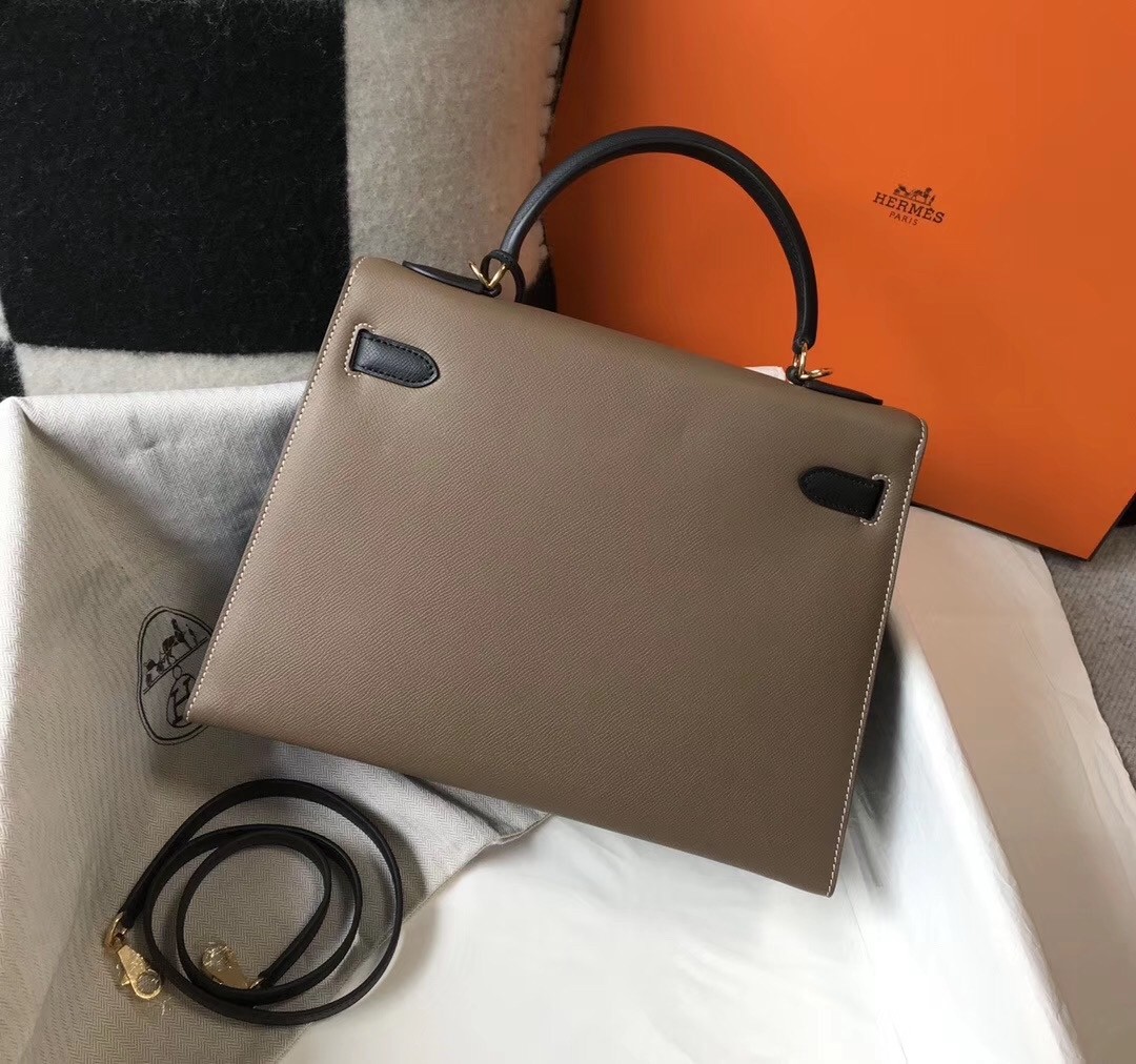 H**mes bi-color kelly 32cm epsom bag taupe/black ghw
