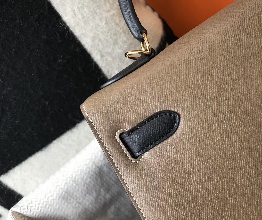 H**mes bi-color kelly 32cm epsom bag taupe/black ghw