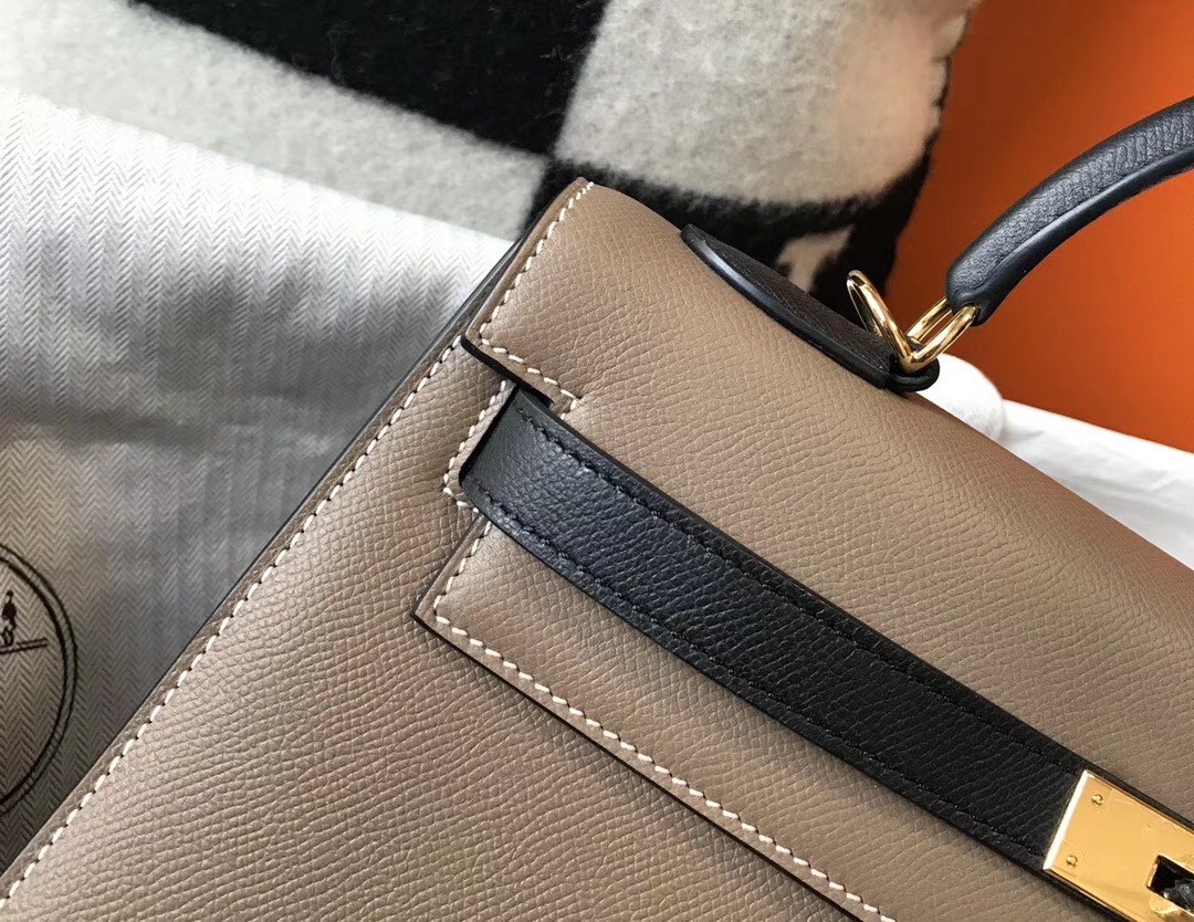 H**mes bi-color kelly 32cm epsom bag taupe/black ghw