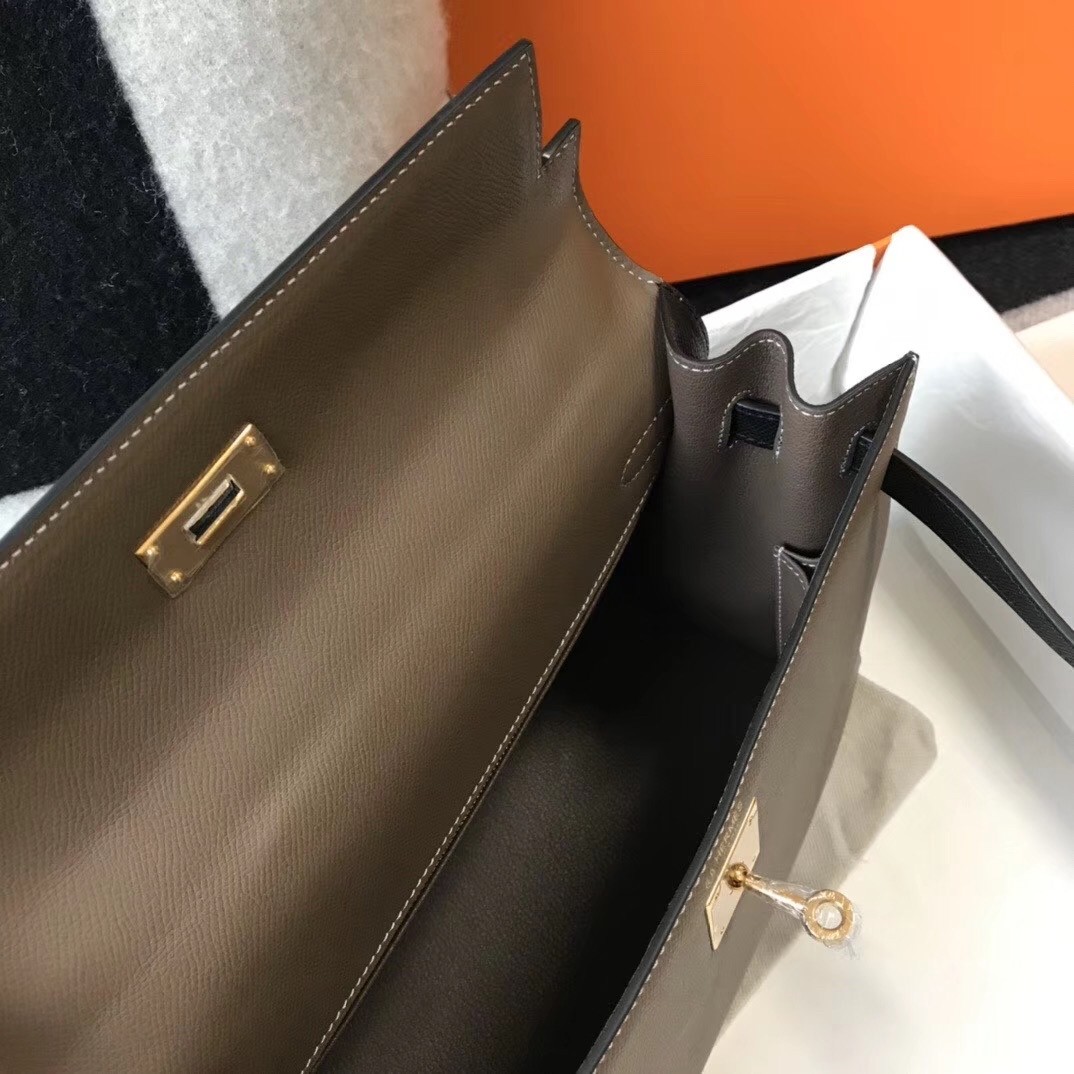H**mes bi-color kelly 32cm epsom bag taupe/black ghw