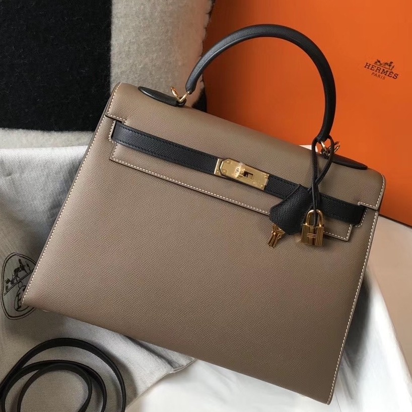 H**mes bi-color kelly 32cm epsom bag taupe/black ghw