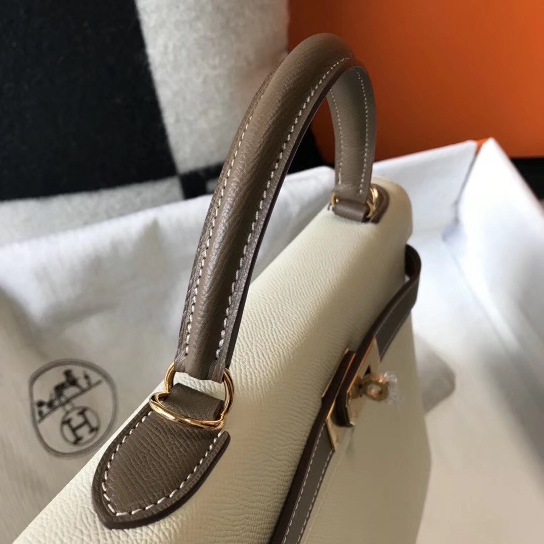 H**mes bi-color kelly 32cm epsom bag white/taupe ghw