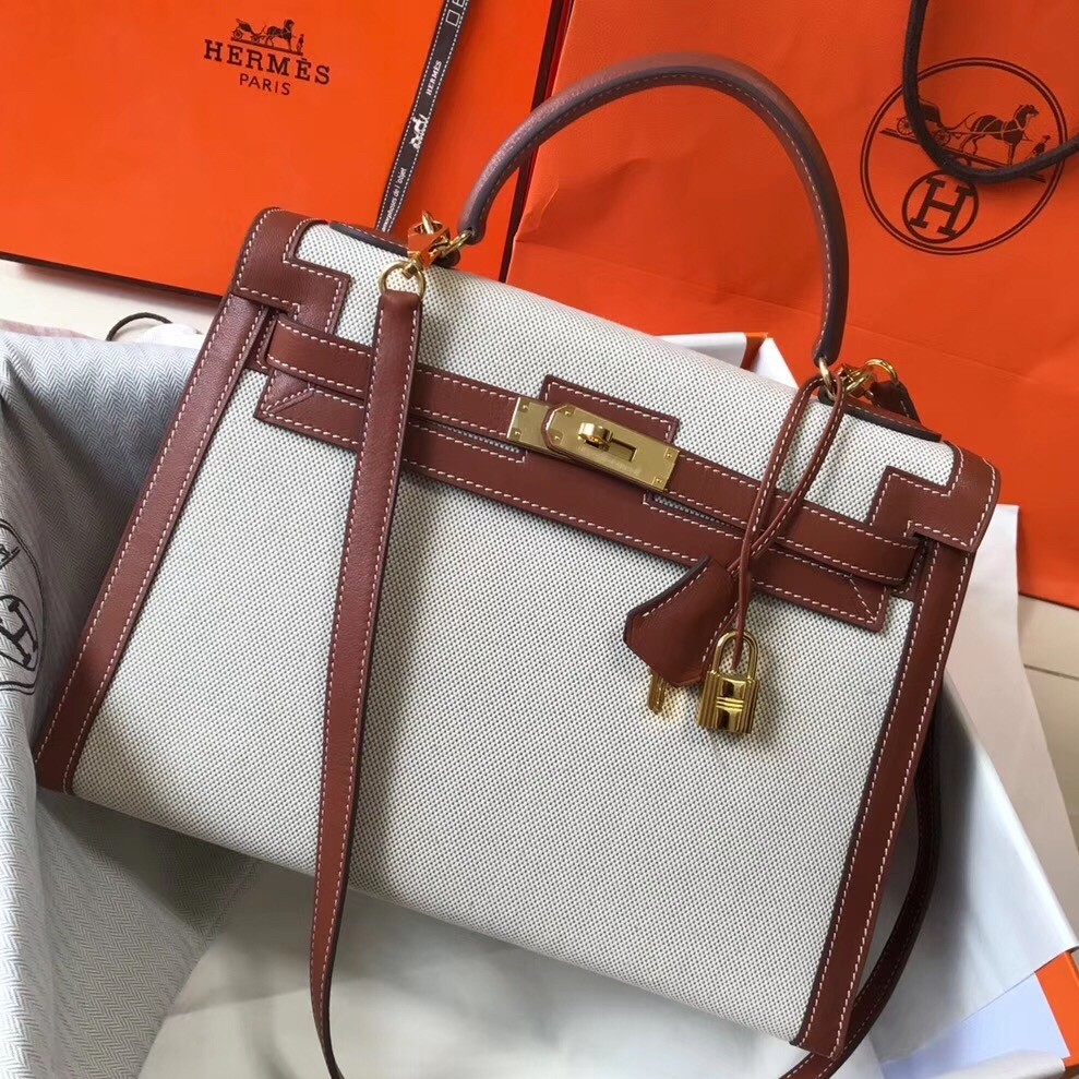 H**mes kelly 32cm sellier bag in canvas with barenia leather
