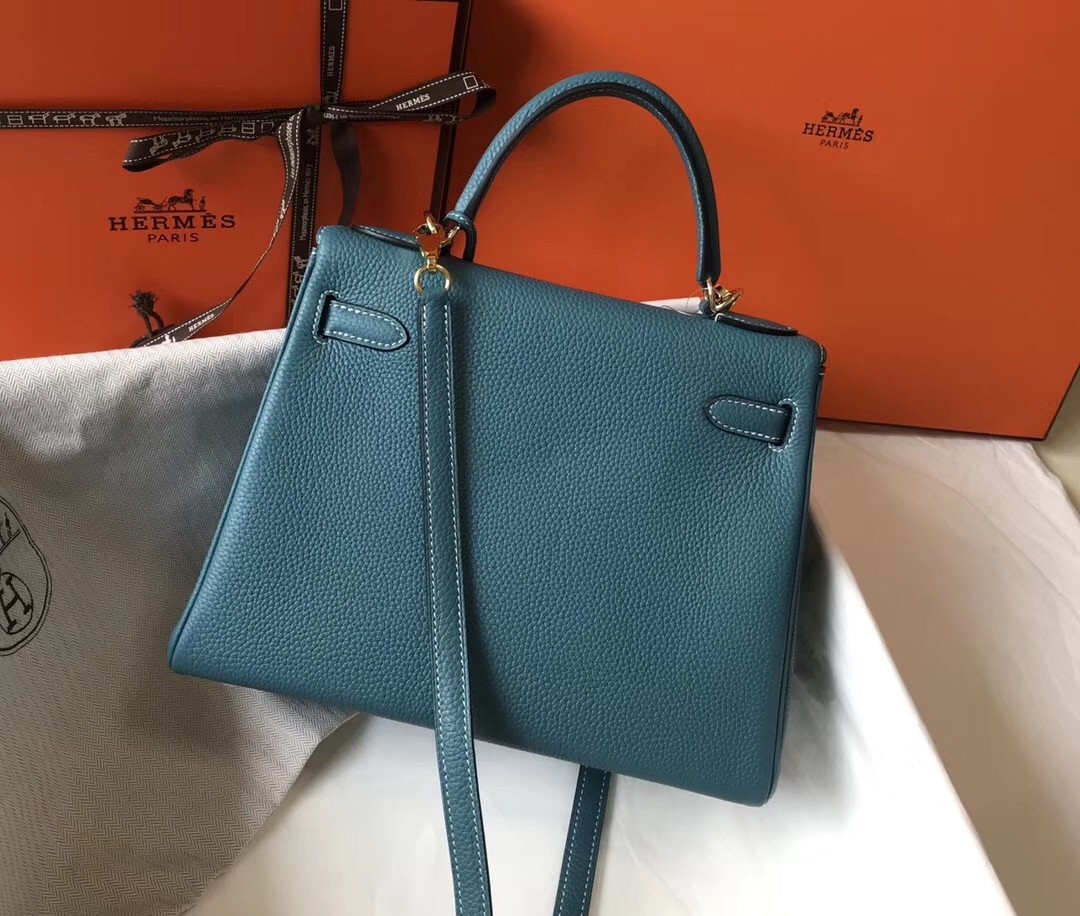 H**mes kelly 32cm retourne bag in blue jean clemence leather