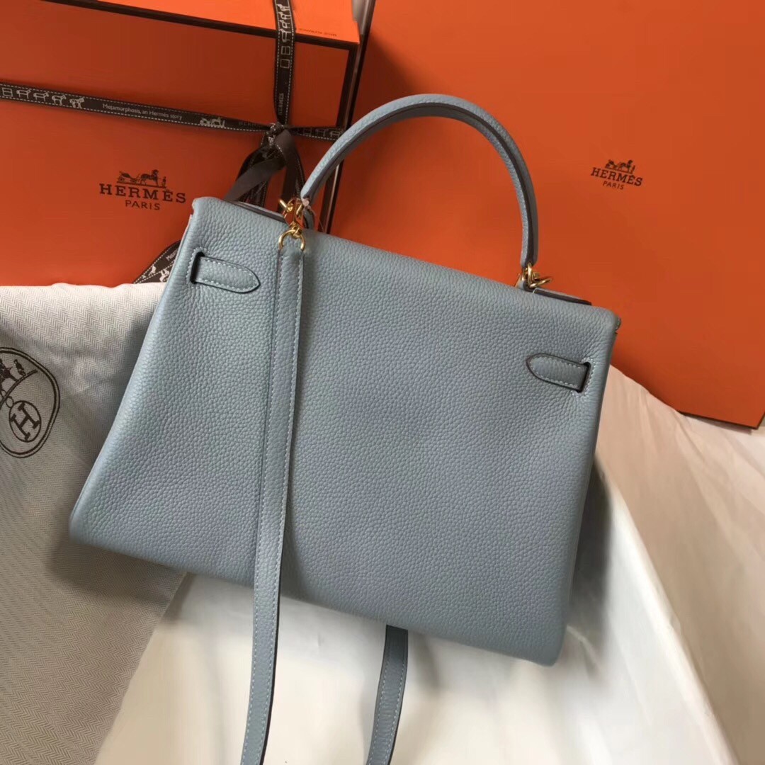 H**mes kelly 32cm retourne bag in blue lin clemence leather