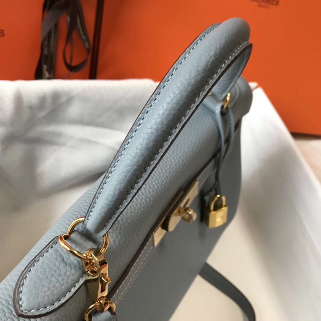 H**mes kelly 32cm retourne bag in blue lin clemence leather