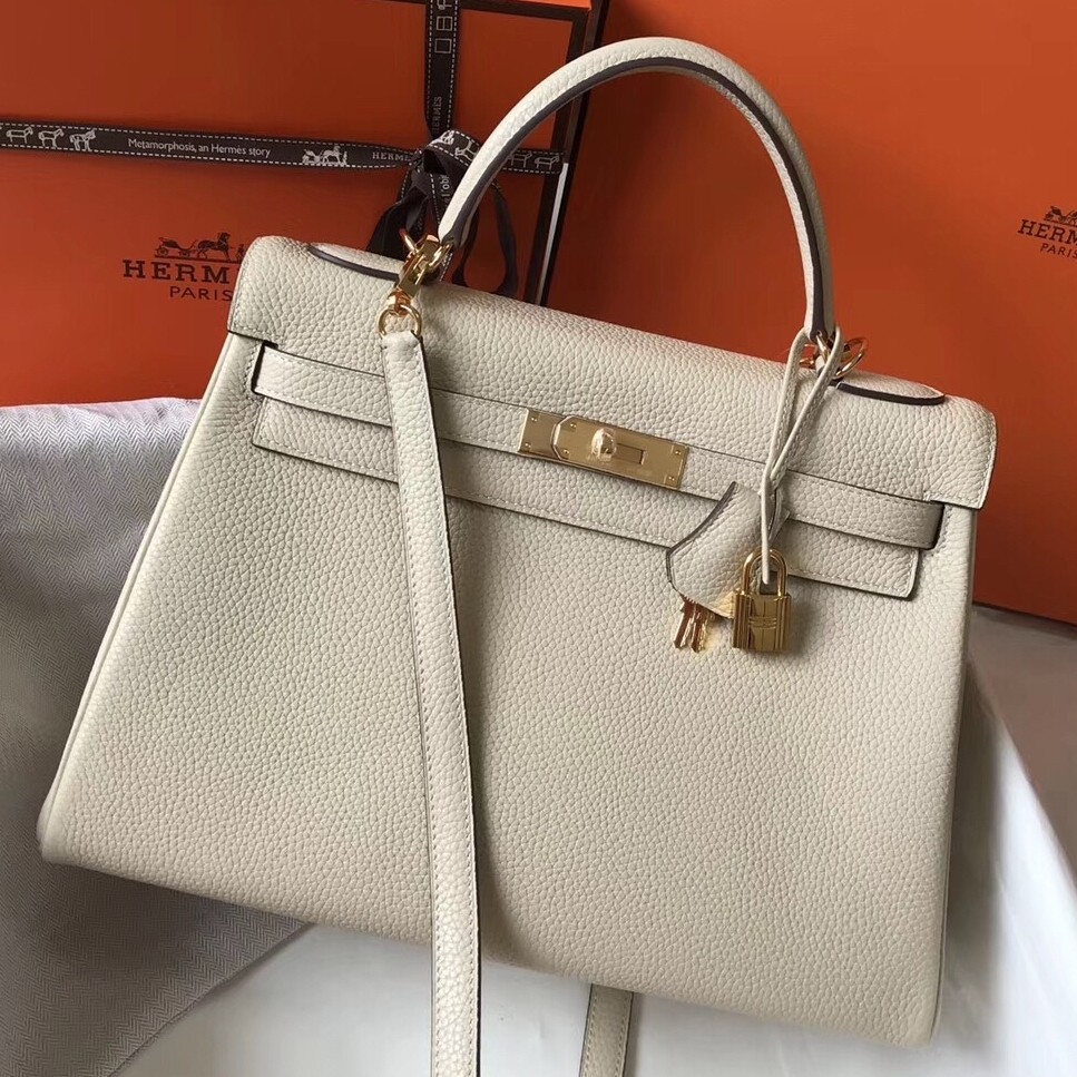 H**mes kelly 32cm retourne bag in beton clemence leather