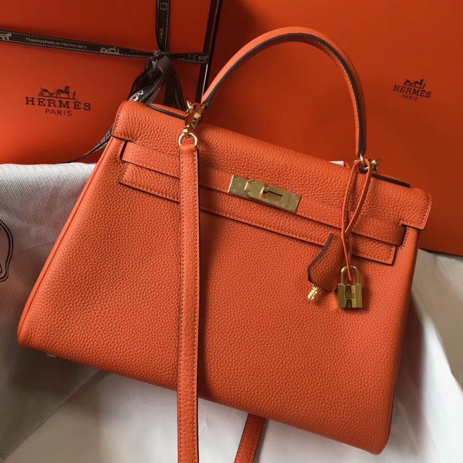 H**mes kelly 32cm retourne bag in orange clemence leather