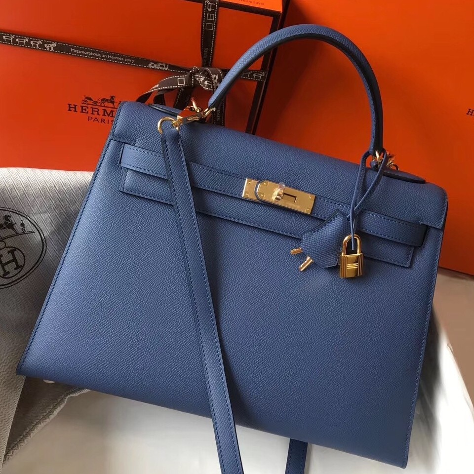 H**mes kelly 32cm sellier bag in blue agate epsom leather