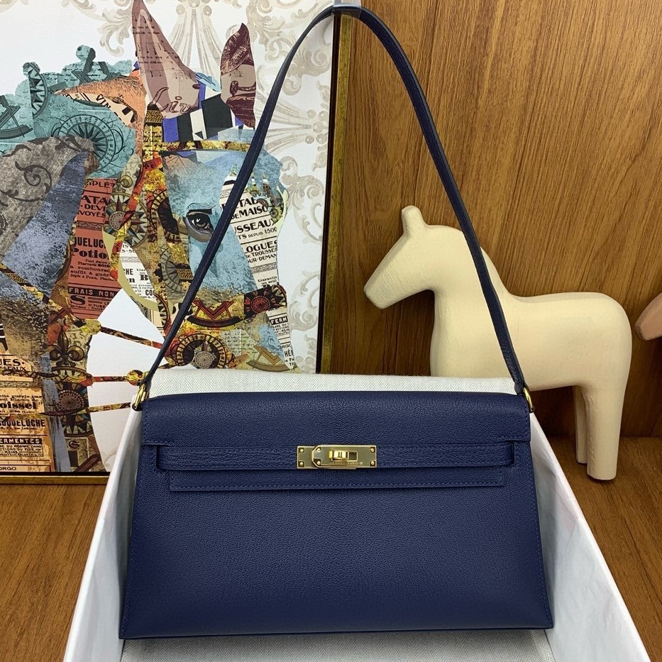 H**mes kelly elan handmade bag in blue saphir chevre mysore leather