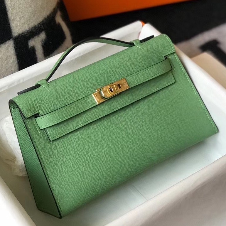 H**mes kelly pochette bag in vert criquet epsom leather