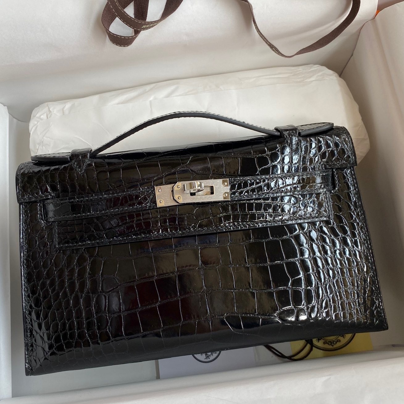 H**mes kelly pochette handmade bag in black shiny alligator leather
