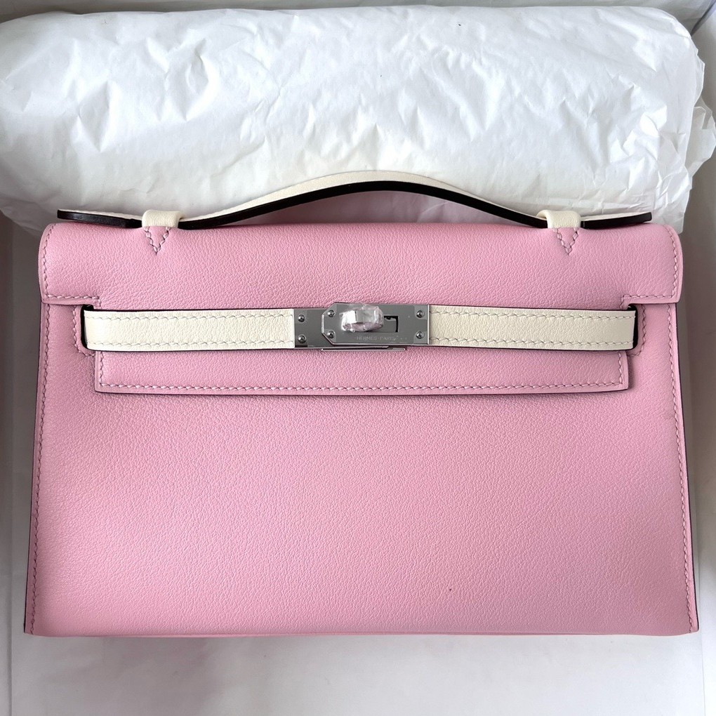 H**mes hss kelly pochette bicolor bag in pink and craie swift calfskin