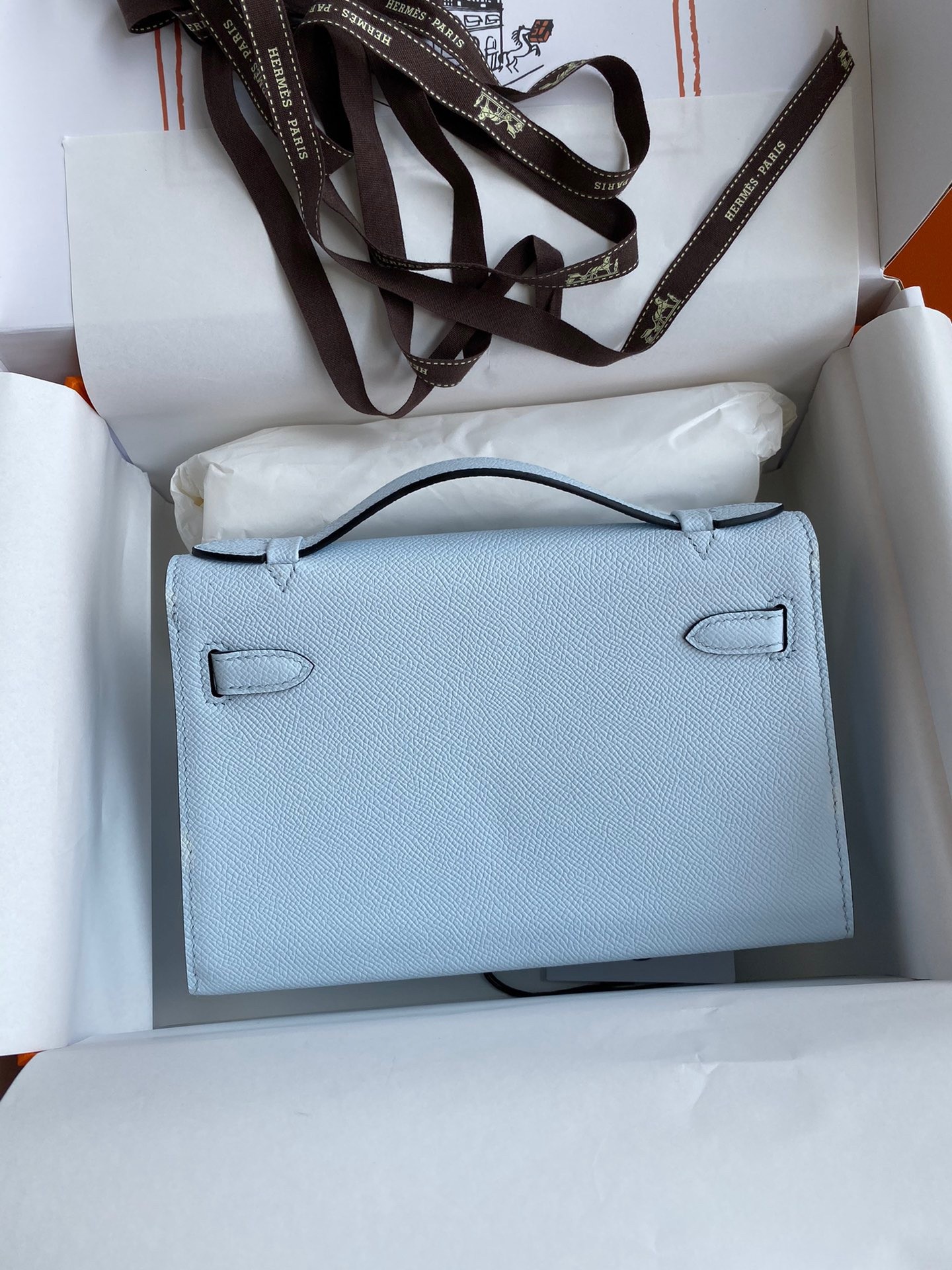 H**mes kelly pochette handmade bag in blue brume epsom calfskin