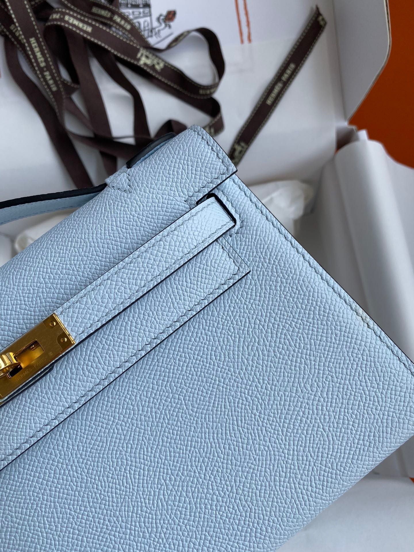 H**mes kelly pochette handmade bag in blue brume epsom calfskin