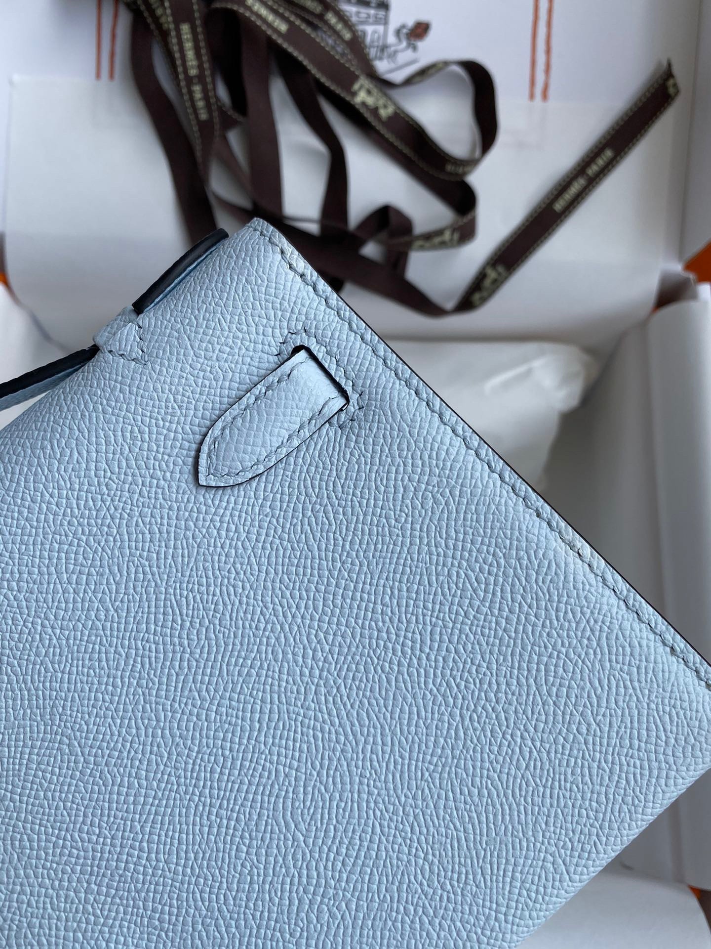 H**mes kelly pochette handmade bag in blue brume epsom calfskin