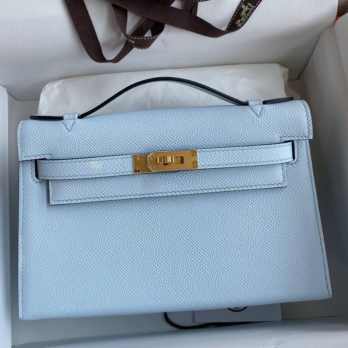 H**mes kelly pochette handmade bag in blue brume epsom calfskin