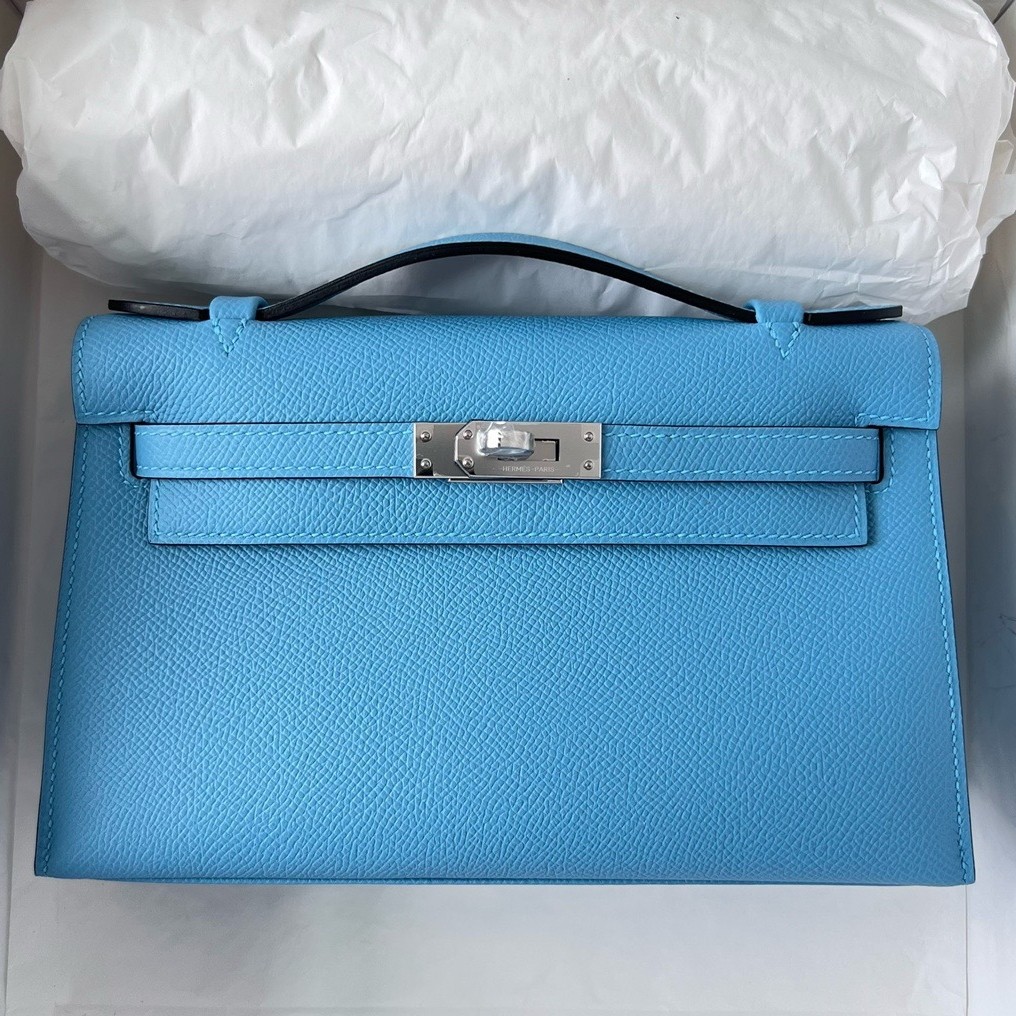 H**mes kelly pochette handmade bag in blue du nord epsom calfskin