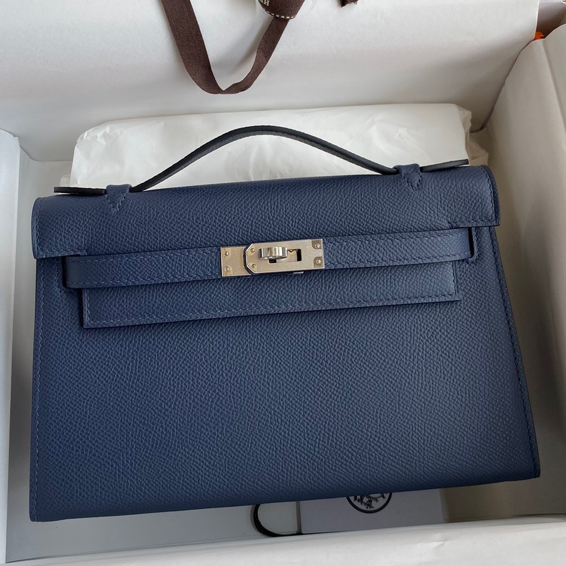 H**mes kelly pochette handmade bag in blue saphir epsom calfskin