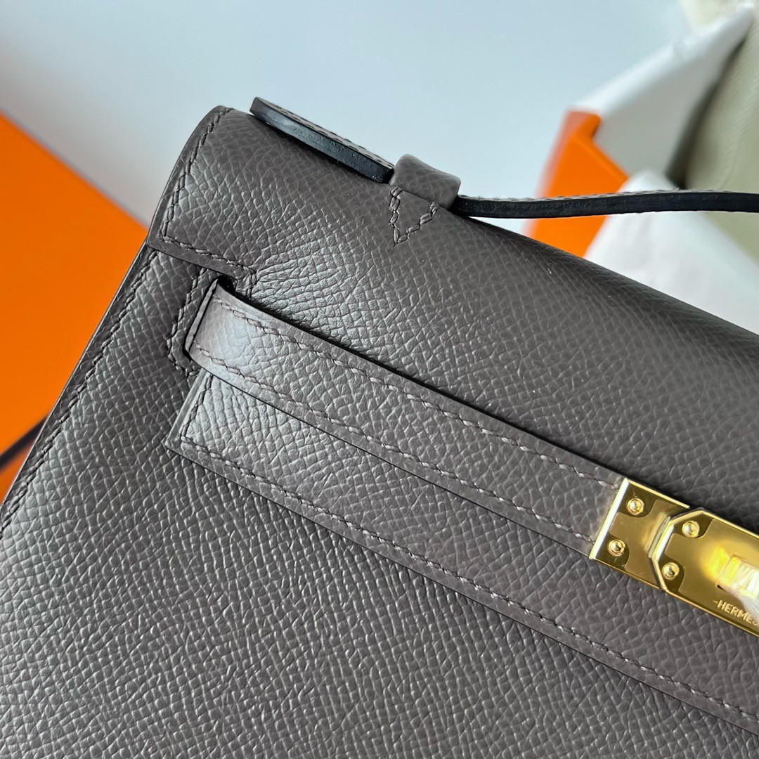 H**mes kelly pochette handmade bag in etain epsom calfskin