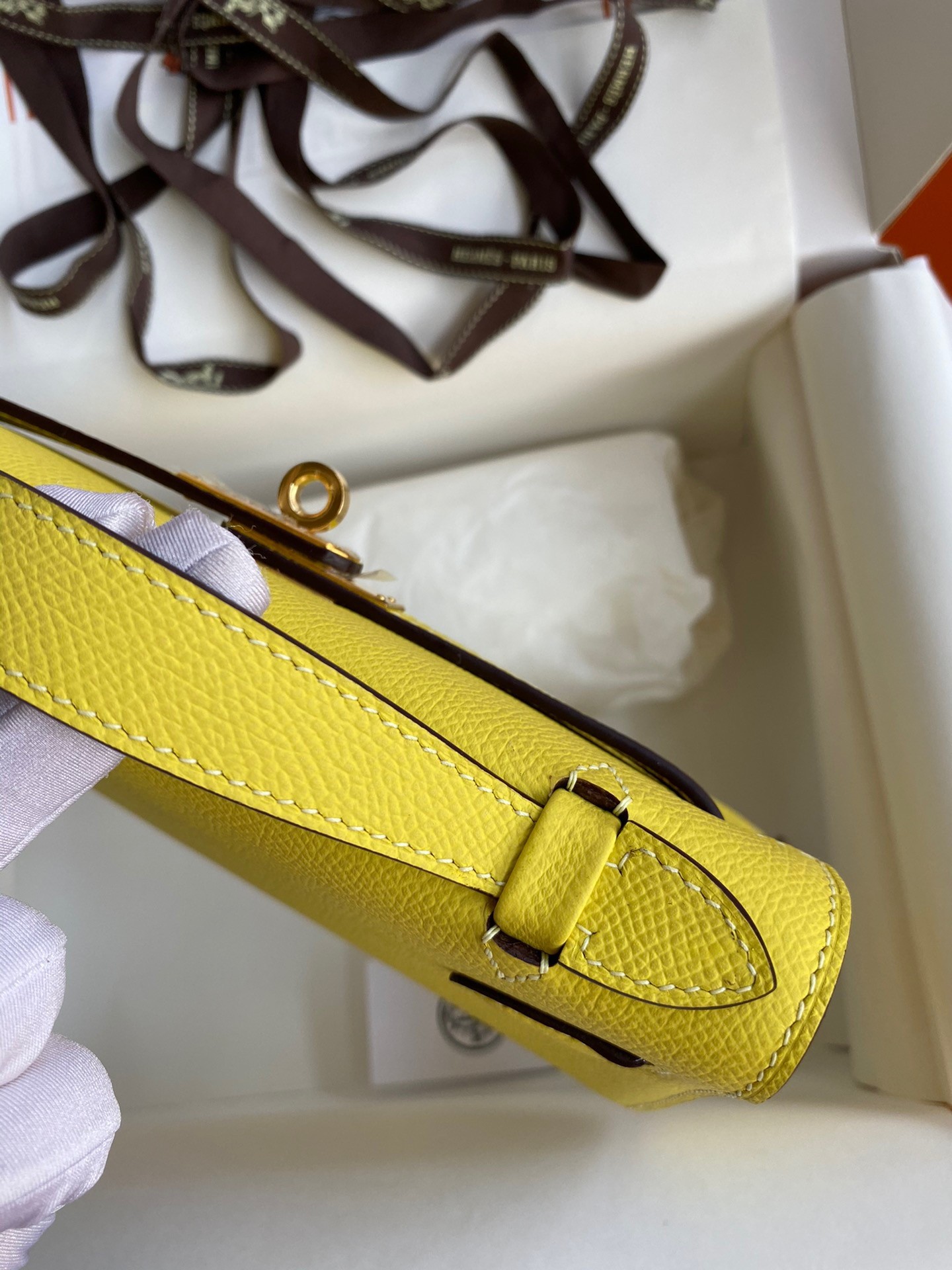 H**mes kelly pochette handmade bag in lime epsom calfskin