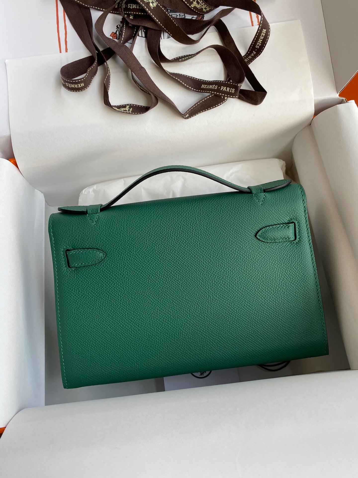H**mes kelly pochette handmade bag in malachite epsom calfskin