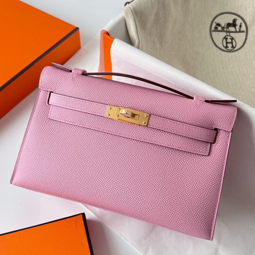 H**mes kelly pochette handmade bag in mauve sylvestre epsom calfskin