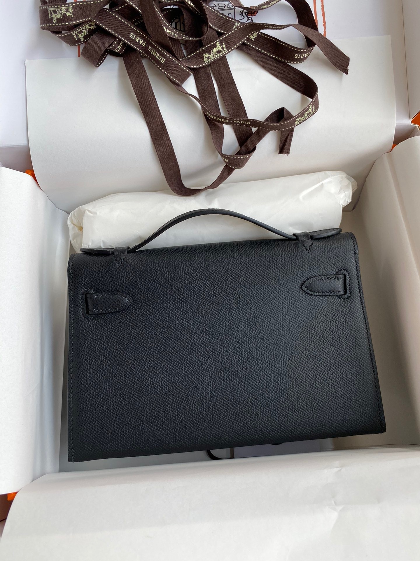 H**mes kelly pochette handmade bag in black epsom calfskin