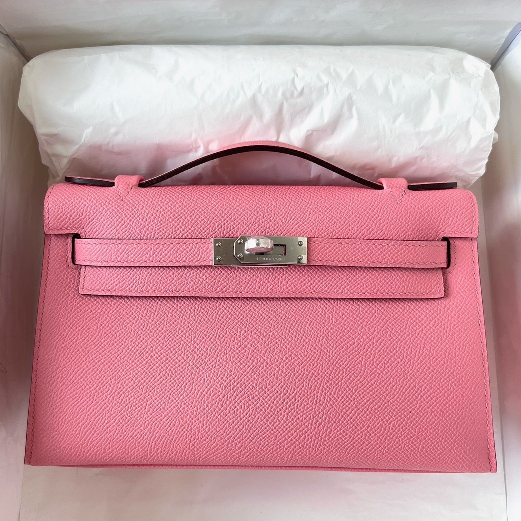 H**mes kelly pochette handmade bag in rose confetti epsom calfskin