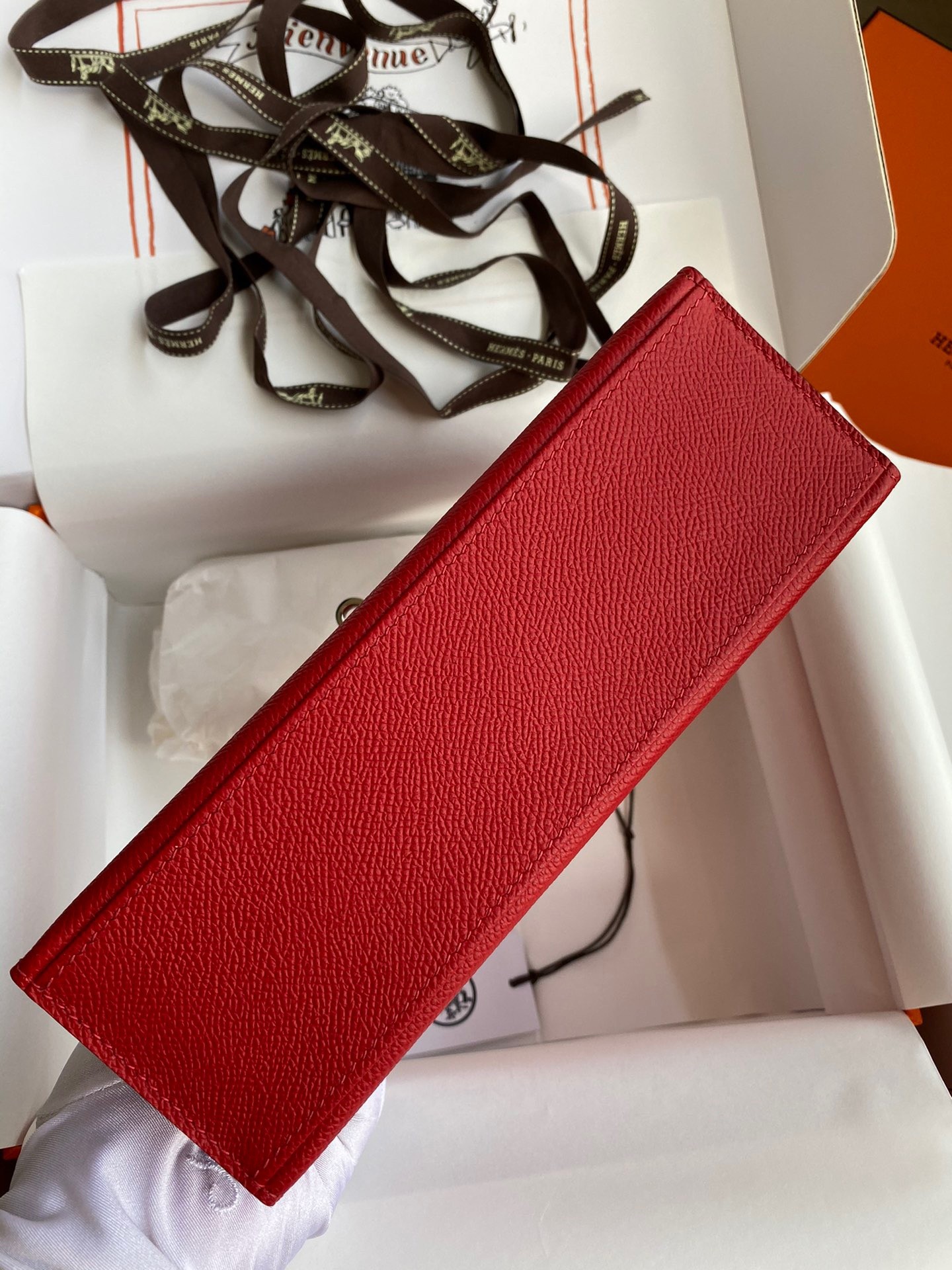 H**mes kelly pochette handmade bag in red epsom calfskin