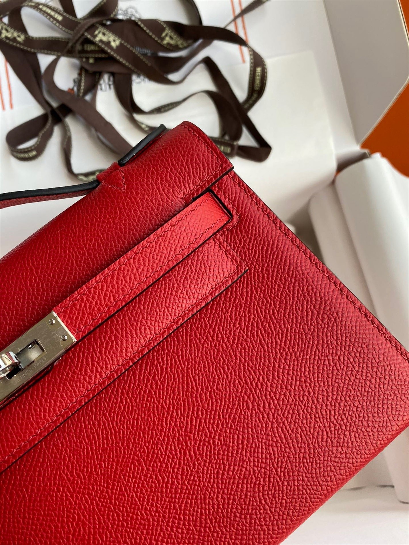 H**mes kelly pochette handmade bag in red epsom calfskin