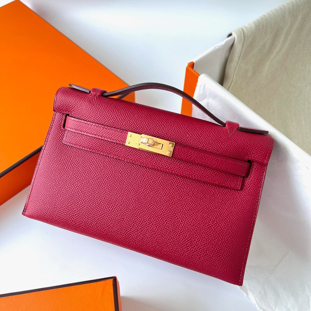 H**mes kelly pochette handmade bag in rouge grenat epsom calfskin