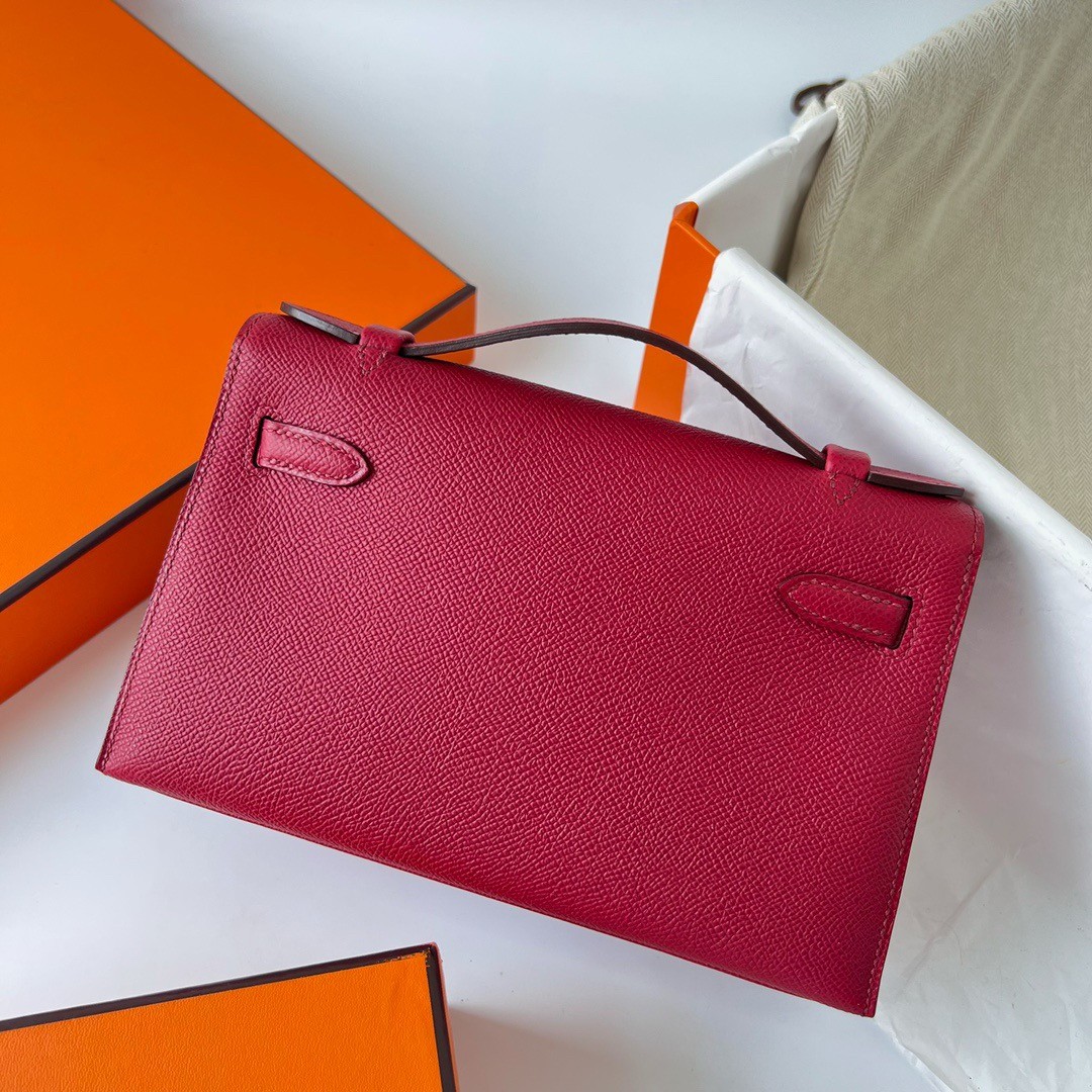 H**mes kelly pochette handmade bag in rouge grenat epsom calfskin