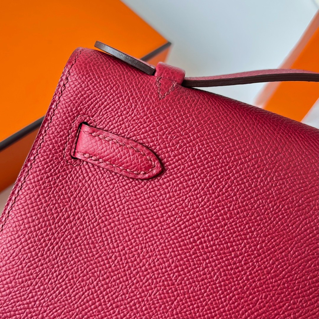 H**mes kelly pochette handmade bag in rouge grenat epsom calfskin
