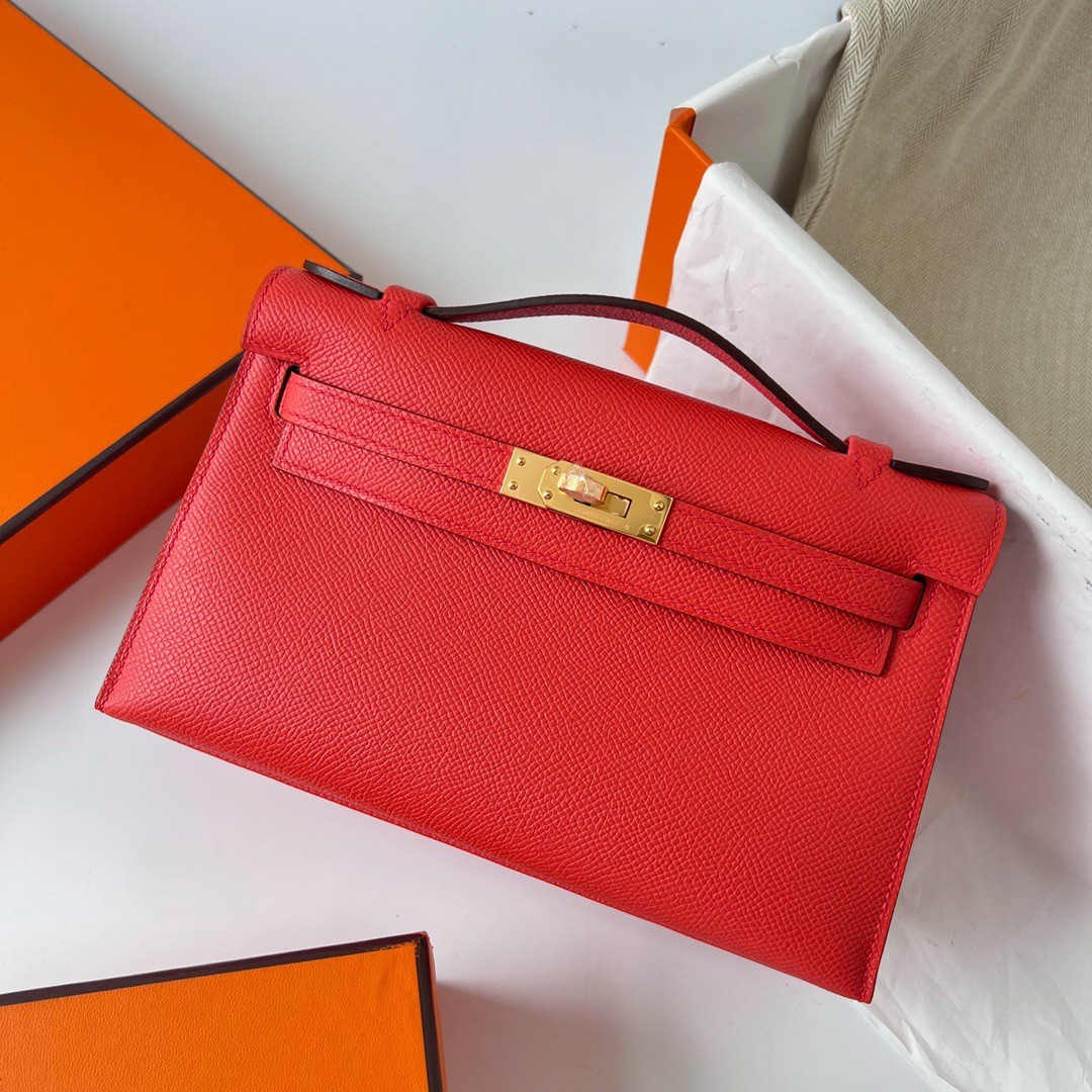 H**mes kelly pochette handmade bag in rouge piment epsom calfskin