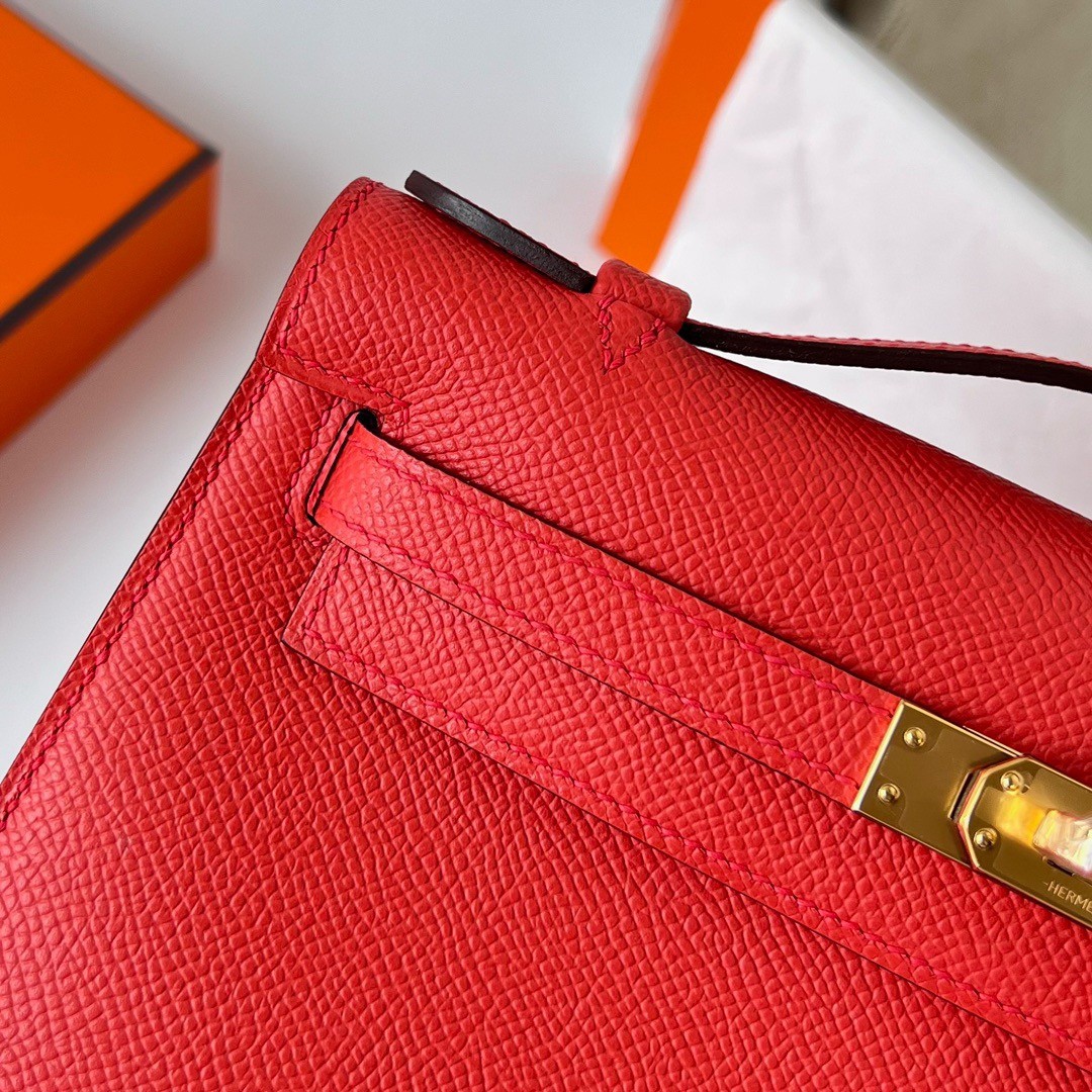 H**mes kelly pochette handmade bag in rouge piment epsom calfskin