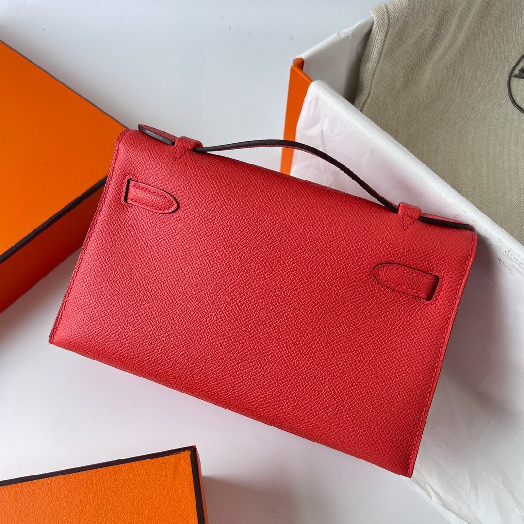 H**mes kelly pochette handmade bag in rouge piment epsom calfskin