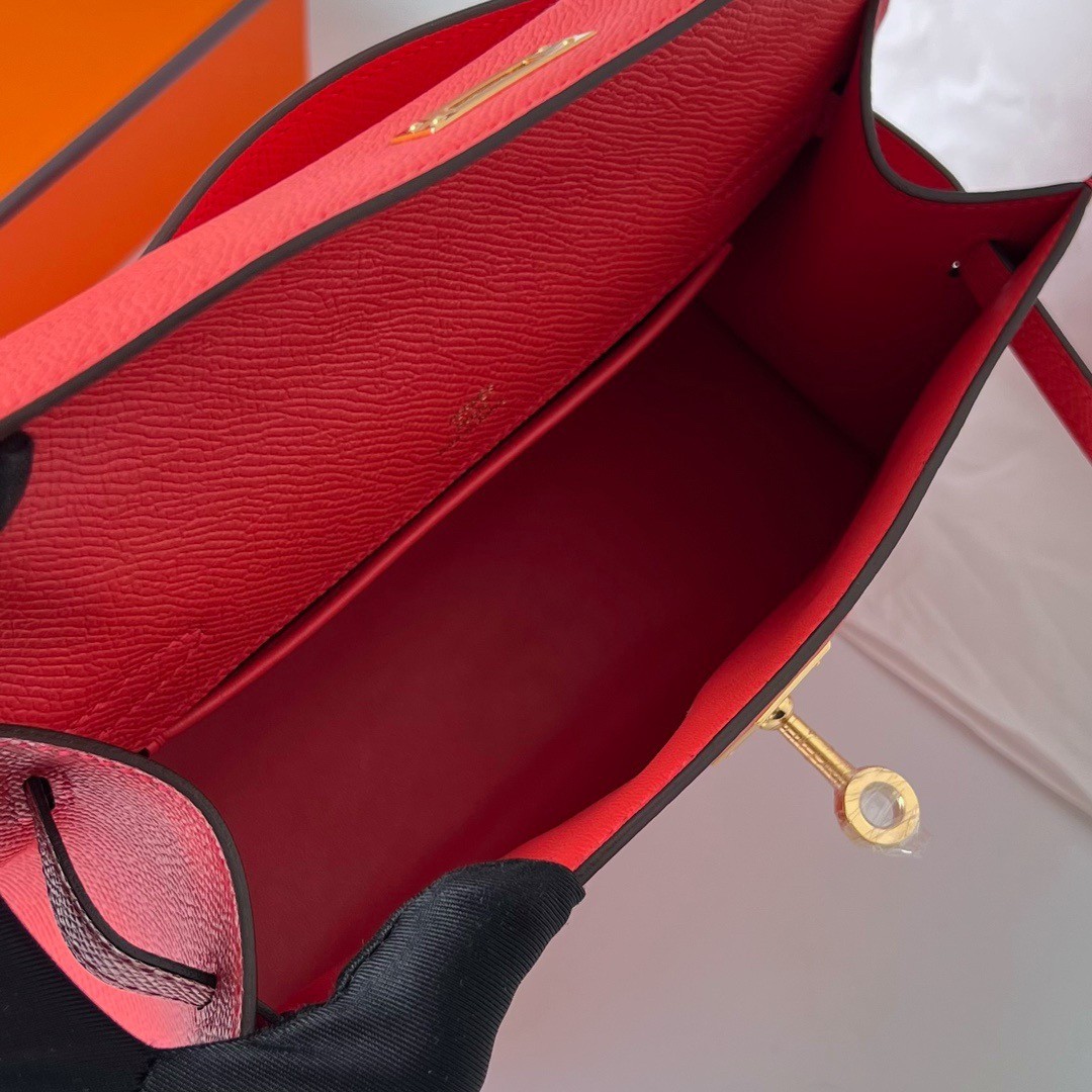 H**mes kelly pochette handmade bag in rouge piment epsom calfskin