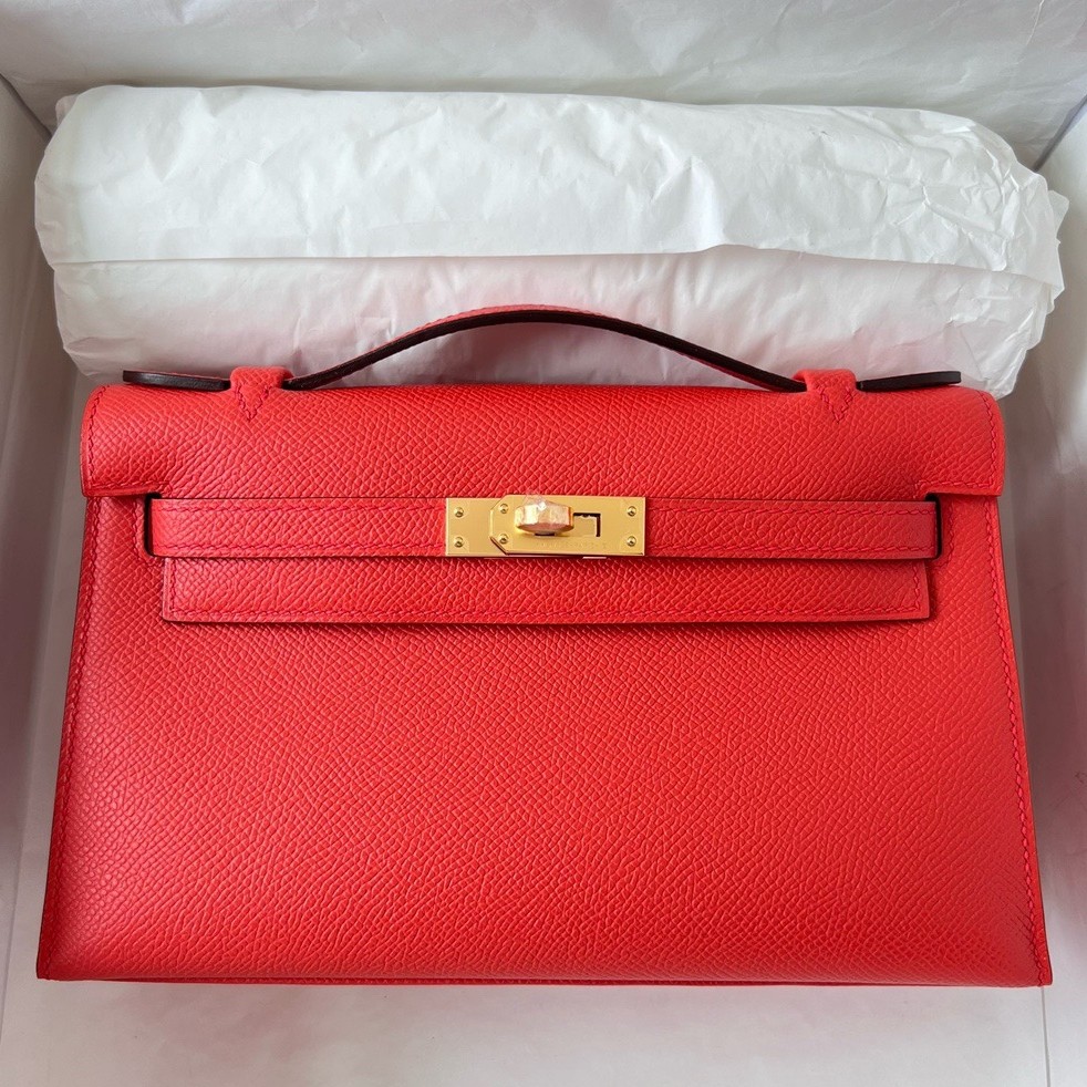 H**mes kelly pochette handmade bag in rouge piment epsom calfskin