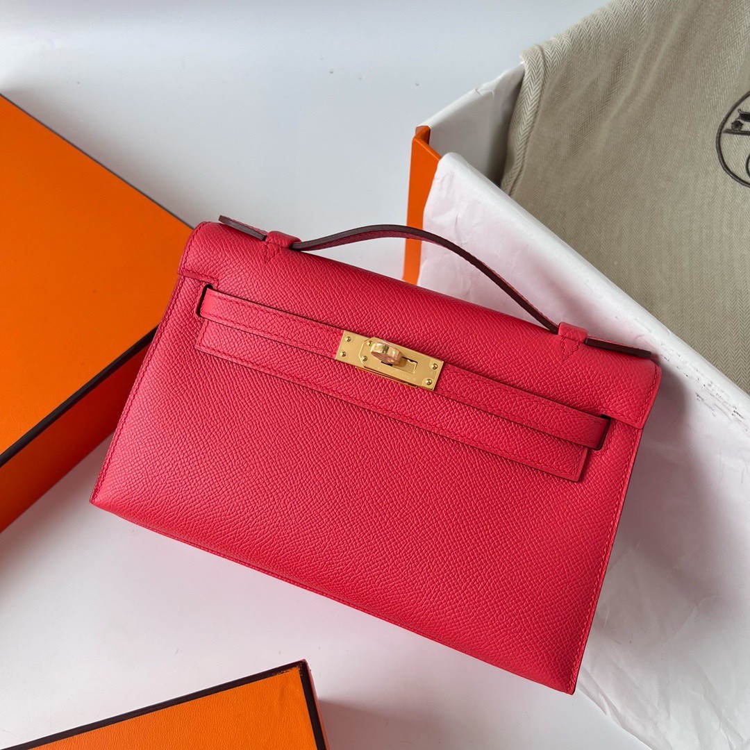 H**mes kelly pochette handmade bag in rose japour epsom calfskin