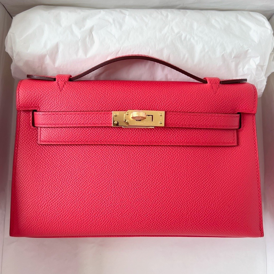 H**mes kelly pochette handmade bag in rose japour epsom calfskin