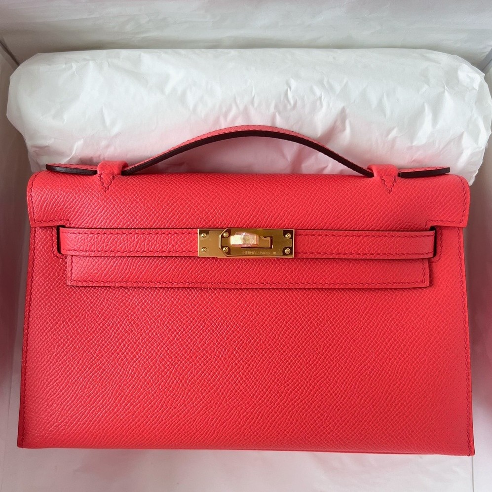 H**mes kelly pochette handmade bag in rose texas epsom calfskin