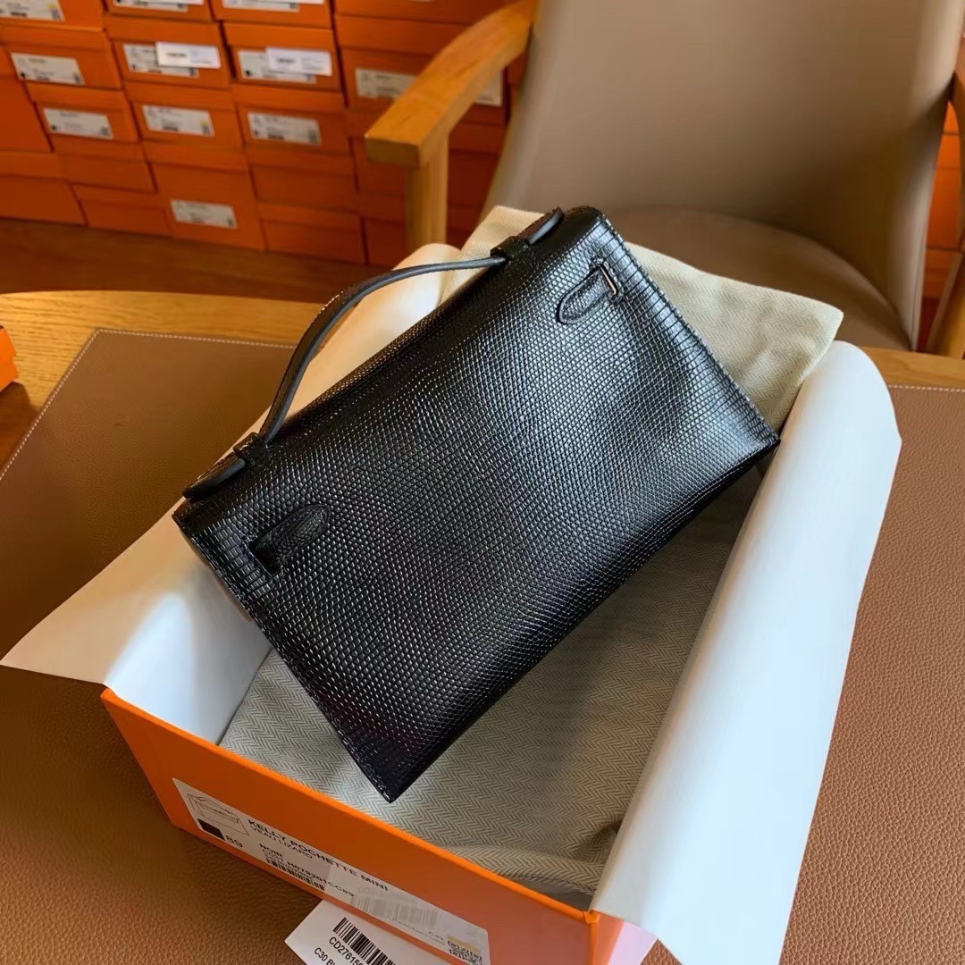 H**mes kelly pochette handmade bag in black lizard skin