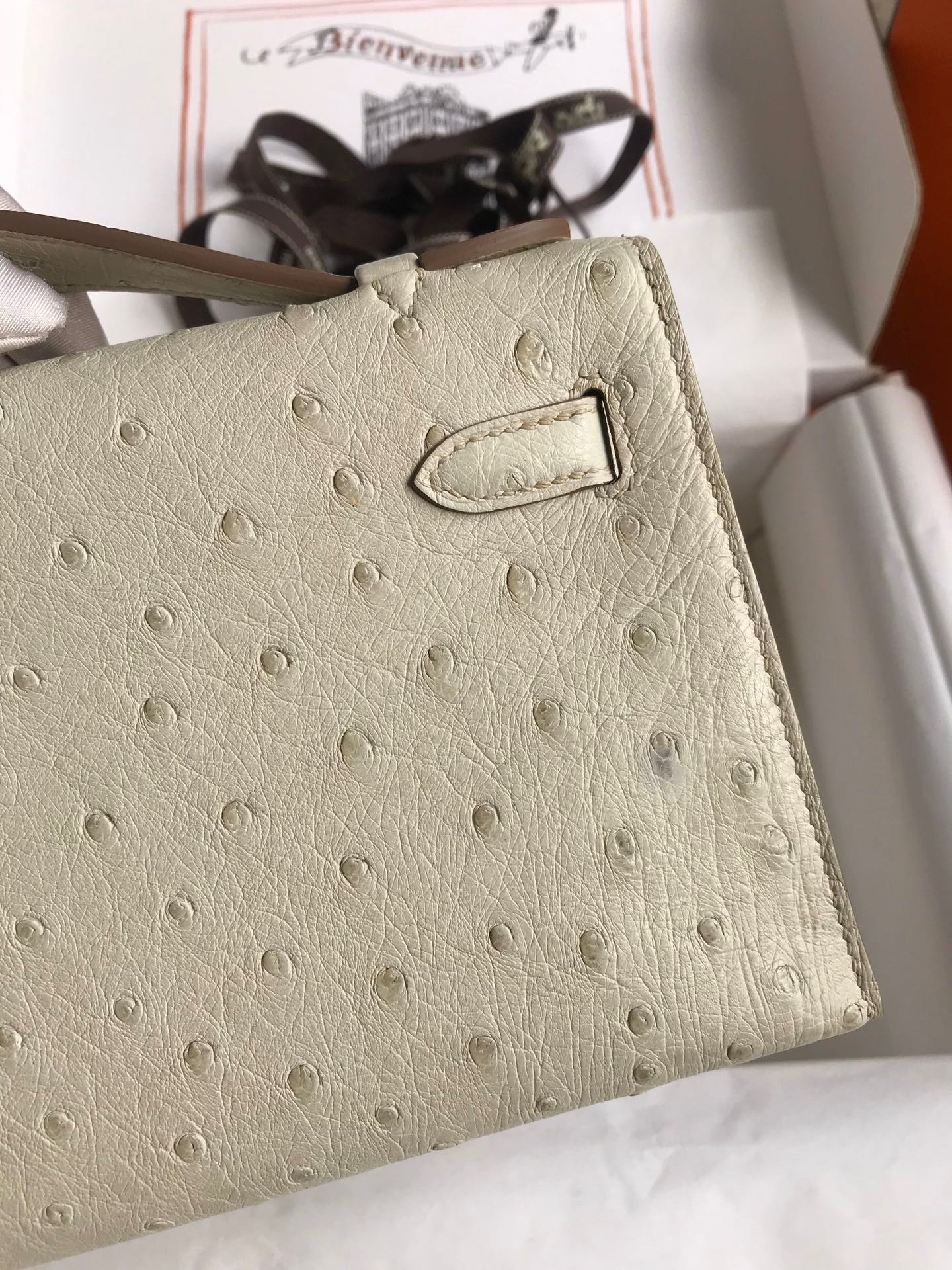 H**mes kelly pochette handmade bag in beton ostrich leather