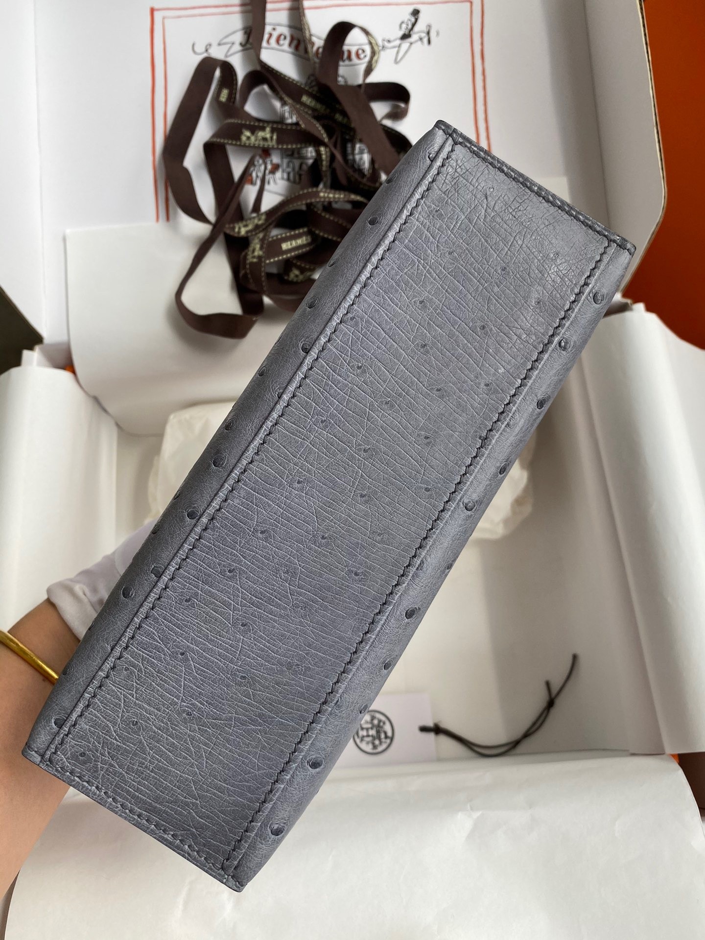 H**mes kelly pochette handmade bag in gris agate ostrich leather