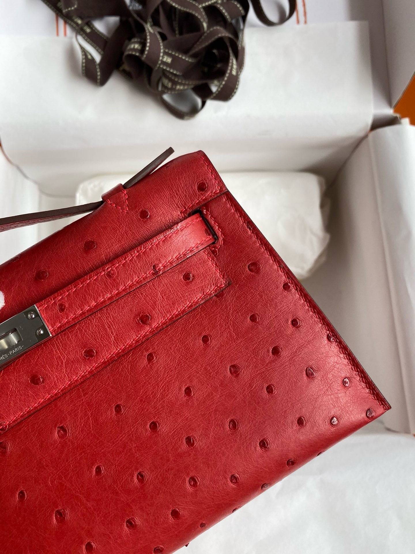 H**mes kelly pochette handmade bag in red ostrich leather