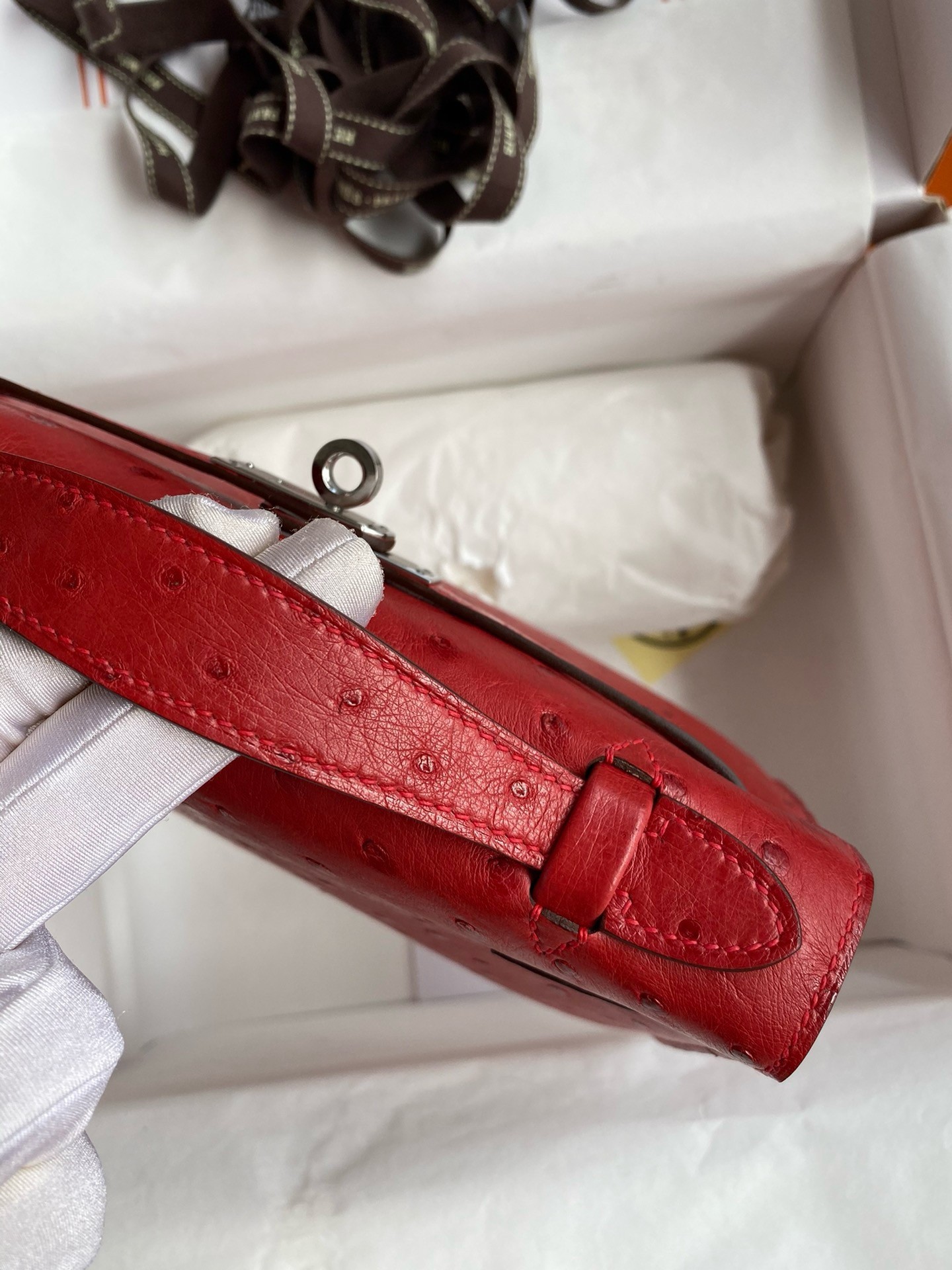 H**mes kelly pochette handmade bag in red ostrich leather