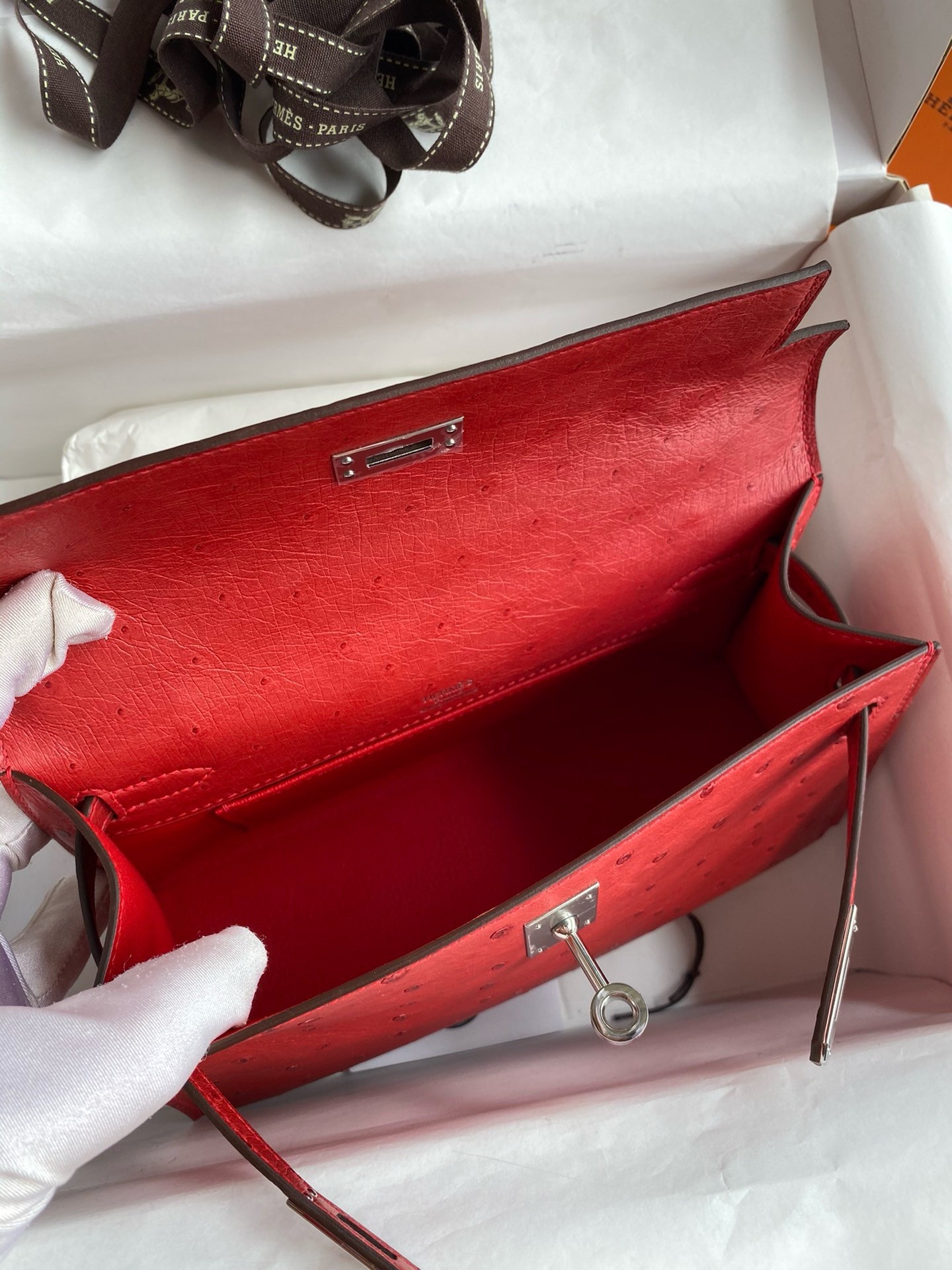 H**mes kelly pochette handmade bag in red ostrich leather