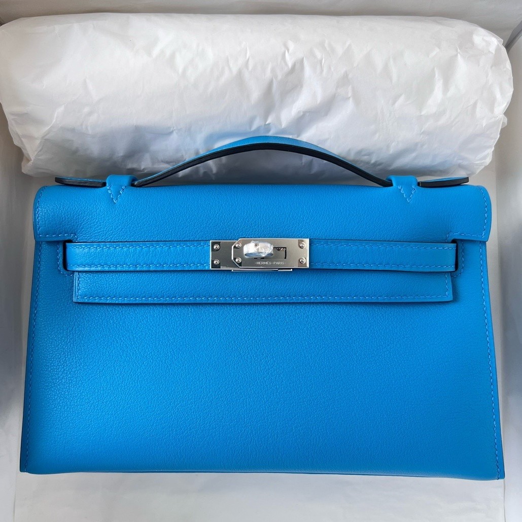 H**mes kelly pochette handmade bag in blue frida swift calfskin